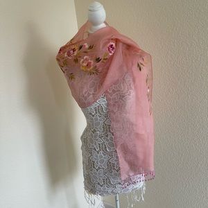 Pink Hand Painted Beaded Tassel Shawl